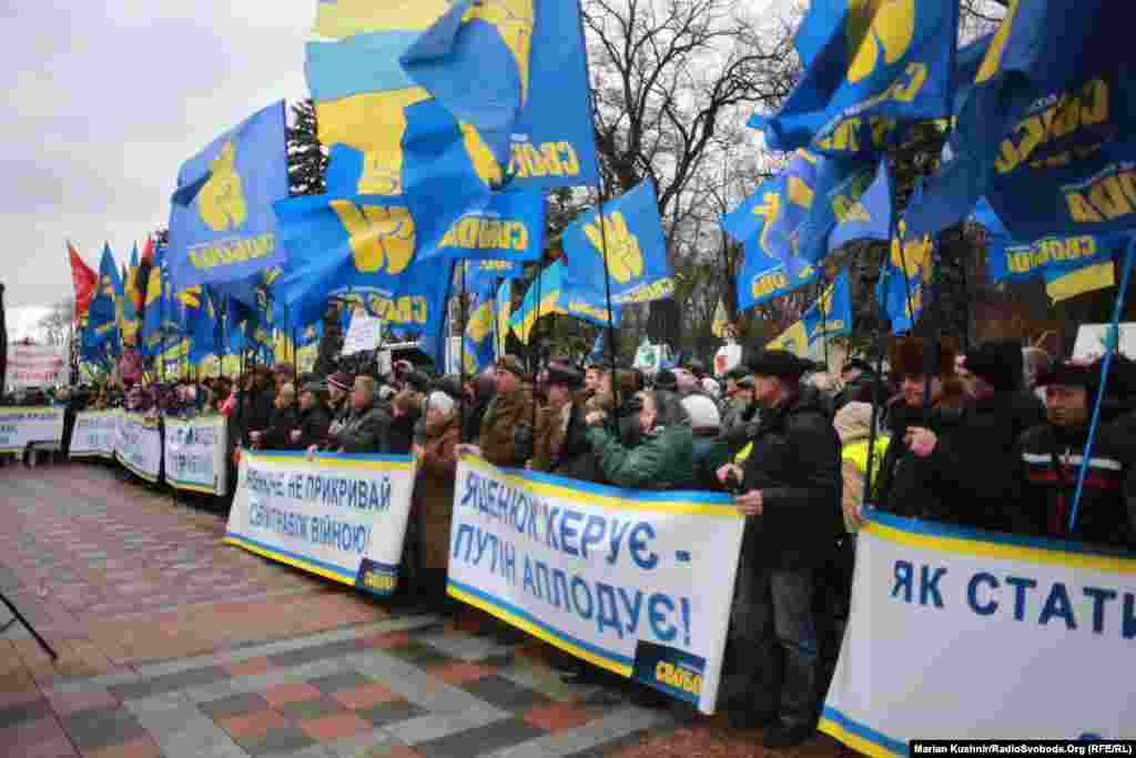 На мітингу були присутні активісти з символікою партій ВО «Cвобода», «5.10», «Партія простих людей Сергія Капліна», УНСО
