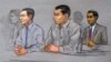 A court artists drawing of Azamat Tazhayakov (left), and Dias Kadyrbayev (center) during their trial for trying to conceal evidence in the case against convicted Boston Marathon bomber Dzhokhar Tsarnaev. (file photo)