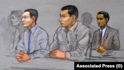 A court artists drawing of Azamat Tazhayakov (left), and Dias Kadyrbayev (center) during their trial for trying to conceal evidence in the case against convicted Boston Marathon bomber Dzhokhar Tsarnaev. (file photo)