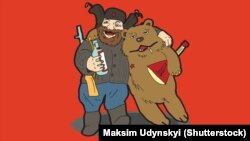 Стереотипный россиянин и медведь. Иллюстрационное фото