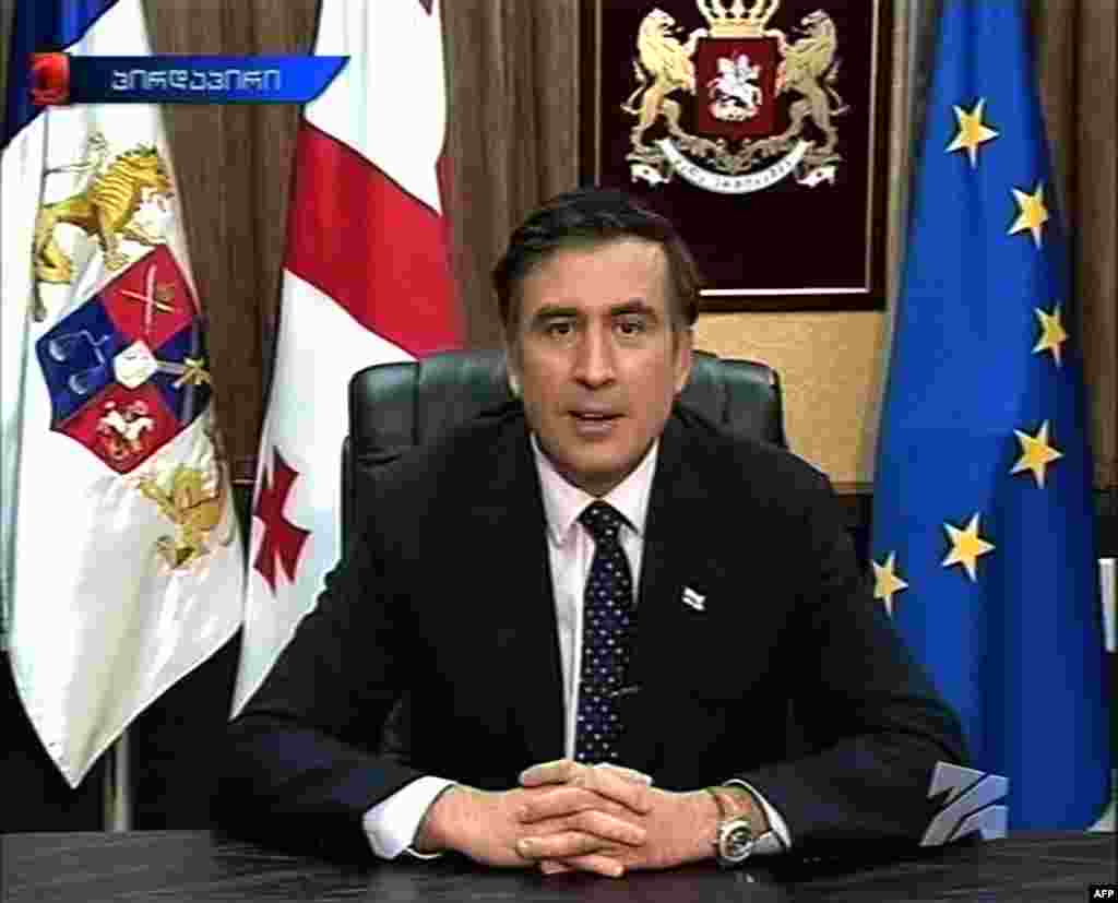 A screen grab shows President Mikheil Saakashvili addressing the nation in Tbilisi on August 10, 2008. Saakashvili insisted that his country's troops had pulled out of South Ossetia, and appealed for U.S. diplomatic intervention for the sake of "world order."