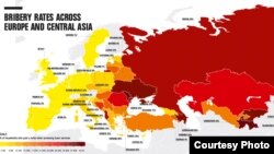 Transparency International ұйымының Еуропа мен Орталық Азиядағы коррупцияны қабылдау деңгейі көрсеткіші жайлы карта. 
