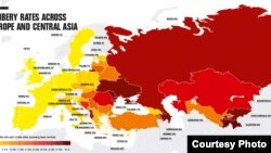 Mapa korupcije u Evropi i Centralnoj Aziji koju je napravio TI