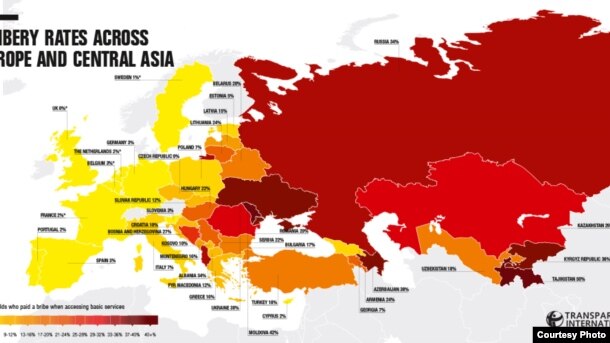 Mapa korupcije u Evropi i Centralnoj Aziji koju je napravio TI