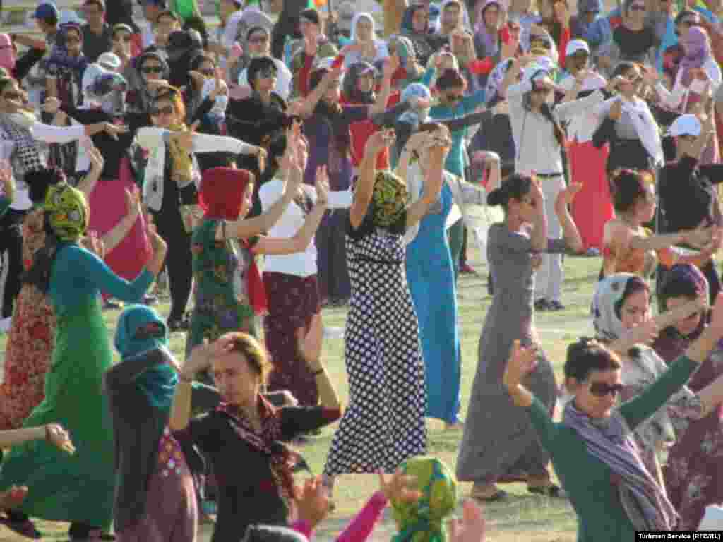 Women practice choreographed moves lined up in rows inside Turkmenebat's Labor Stadium during preparations for Turkmenistan's Independence Day celebrations on September 28.Turkmenistan celebrates its independence on October 27.