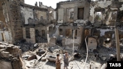 Buildings in Tskhinvali, South Ossetia, destroyed in the fighting one year ago