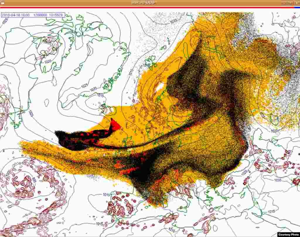 Projected spread of Icelandic ash cloud (18.4. 1600 UTC) - These images show a projection of the movement of the ash clouds from the Iceland volcanic eruption moving over Europe. The colors on the map represent: yellow: ash that has fallen by itself red: ash that has fallen by precipitation black: the actual ash cloud Source: Norwegian Meteorological Institute