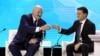 UKRAINE -- Belarusian President Alyaksandr Lukashenka and Ukrainian President Volodymyr Zelenskiy toast during Ukraine-Belarus forum in Zhytomyr, October 4, 2019