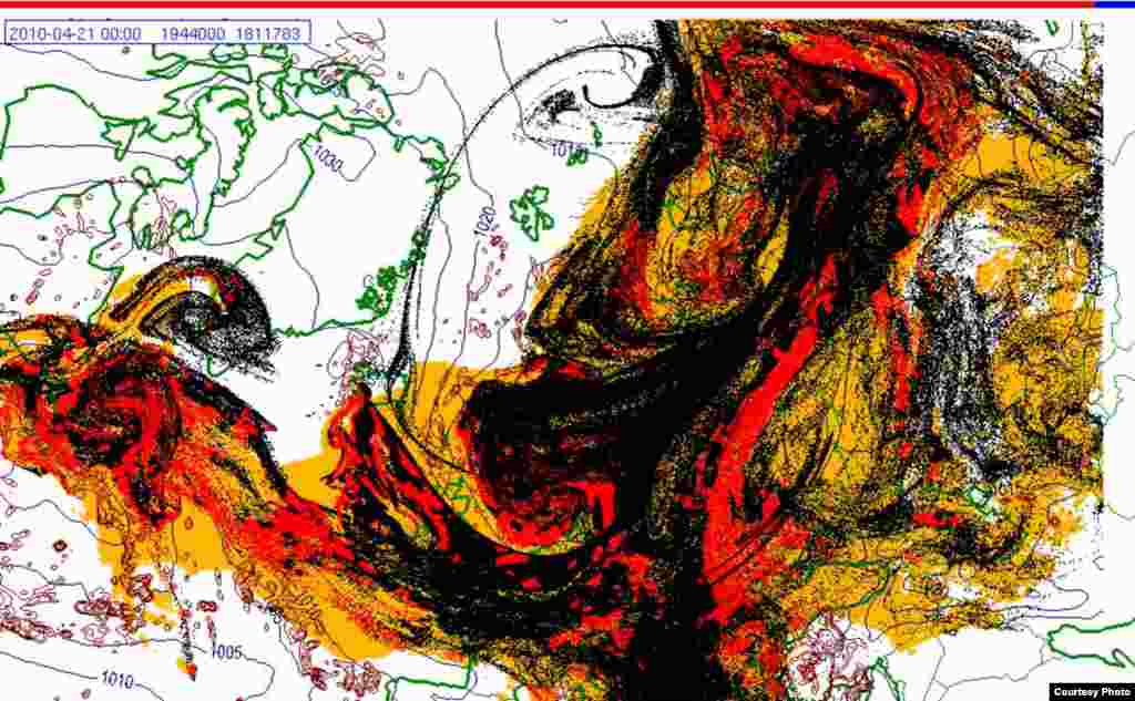Көл болытының таралу фаразы (21.4. 0400 Казан вакыты) - Бу рәсемнәрдә Исландия янартавыннан Европага таралган көл болытының юлы күрсәтелгән. Төсләр боларны аңлата: сары: үзеннән-үзе төшкән көл кызыл: яңгыр белән төшкән көл кара: көл болыты үзе Чыганак: Норвегия метеорология институты