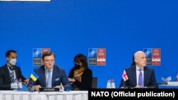 Міністри закордонних справ Грузії та України Давід Залкаліані і Дмитро Кулеба під час зустрічі глав МЗС країн-членів НАТО в Латвії
