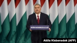 Premierul Viktor Orban, rostindu-și discursul anual către națiune, Budapesta, 16 februarie 2020.