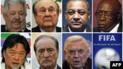 Семеро високопосадовців ФІФА котрих заарештували у швейцарському Цюріху 27 травня 2015 року. (Зліва направо) Рафаель Есківель, Ніколас Леос, Джеффрі Уебб, Джек Уорнер, Едуардо Лі, Еухеніо Фігередо і Хосе Марія Марін