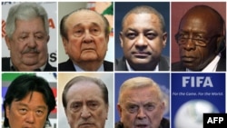 Семеро высокопоставленных чиновников ФИФА, которых арестовали в Цюрихе 27 мая 2015 года. Слева направо: Рафаэль Эскивель, Николас Леос, Джеффри Уэбб, Джек Ворнер, Эдуардо Ли, Эухенио Фигередо и Хосе Мария Марин