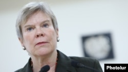 Rose Gottemoeller at a news briefing in Yerevan in 2017, when she was serving as deputy secretary-general of NATO. 