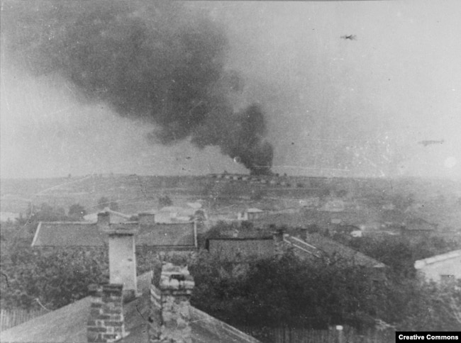 Smoke rises from the Majdanek extermination camp in October 1943.