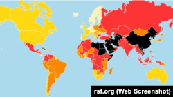 Рэйтынг свабоды прэсы «Рэпартэраў бязь межаў» 2018 году. Сьветла-жоўтыя краіны — самыя свабодныя ў пытаньнях СМІ, чырвоныя — амаль несвабодныя, чорныя — цалкам несвабодныя