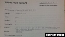 Pagina Raportului de producție radio a emisiunii realizată pe baza unei scrisori a ing. Gheorghe Ursu (Foto Hoover Archives/prin curtezia prof. Sergiu Musteață)