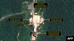 A satellite image dated July 22, 2018 and obtained July 23 that appears to show the dismantling of facilities at a launching station in North Korea. (Airbus Defense and Space/38 North)