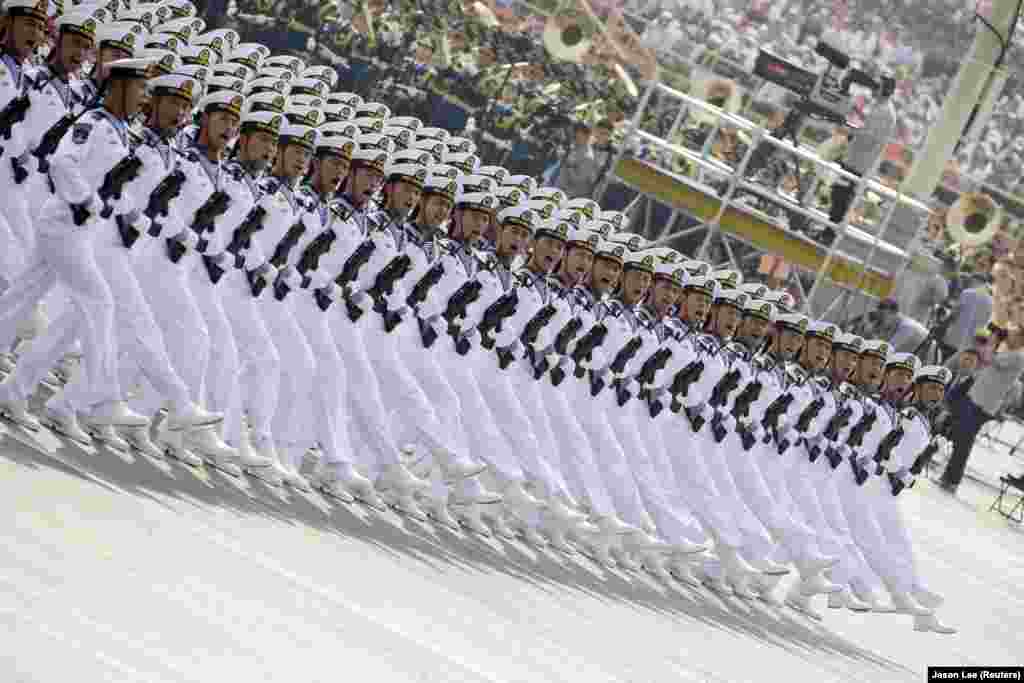 People&#39;s Liberation Army soldiers march in formation during the military parade marking the 70th founding anniversary of the People&#39;s Republic of China, on its National Day in Beijing on October 1. (Reuters/Jason Lee)