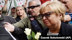 The president of Poland's Supreme Court, Malgorzata Gersdorf, arrives for work at the Supreme Court building in Warsaw on July 4.