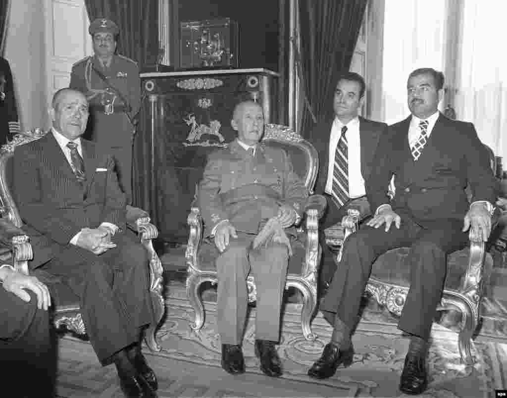 Saddam Hussein (right) as Iraqi vice president meeting Spanish dictator Francisco Franco (center) on December 10, 1974. During his climb to power, Hussein was invited as the guest of Spanish President Carlos Arias Navarro (left) at the Royal Palace of El Pardo in Madrid.
