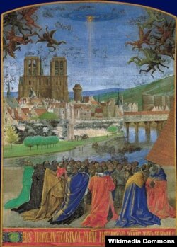 Сошествие Святого Духа (Десница Господа изгоняет бесов). Иллюстрация из Часослова Этьена Шевалье. XV век