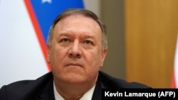 U.S. Secretary of State Mike Pompeo attends a press conference in Tashkent on February 3.