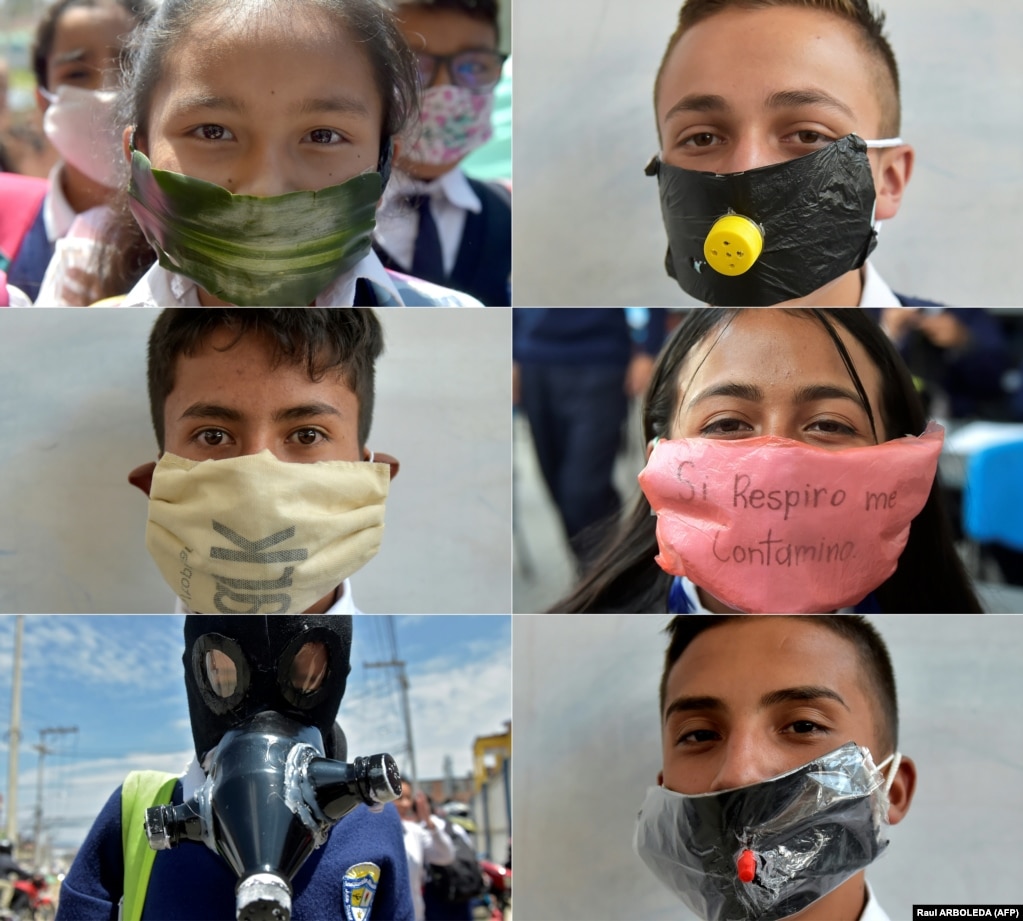 Students from Julio Cesar Turbay school in Soacha, Columbia, wear face masks they made from recyclable and biodegradable materials. They wore them for protection but also to protest against the shortage of masks in city pharmacies.