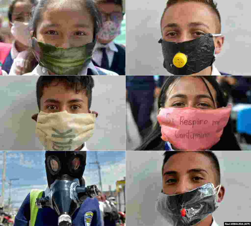 Студенты в Колумбии в масках, сделанных из переработанных и биоразлагаемых материалов. Они надели их не только для защиты, но и в знак протеста против нехватки масок в городских аптеках.