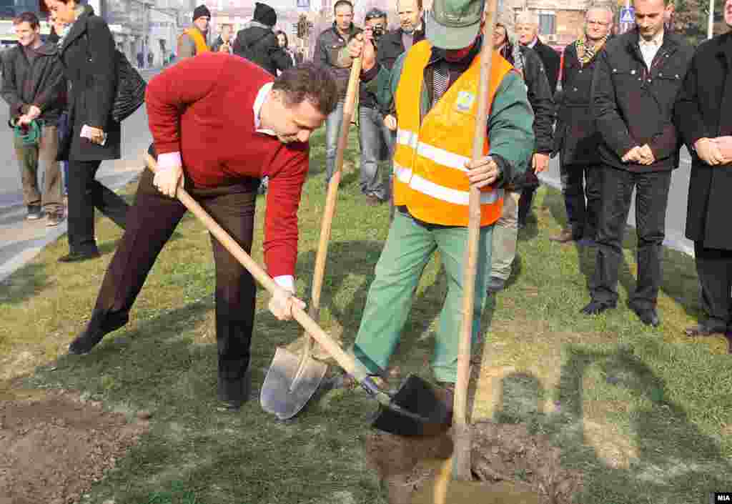 Премиерот Никола Груевски сади дрво во Скопје на 20 ноември 2011 година.