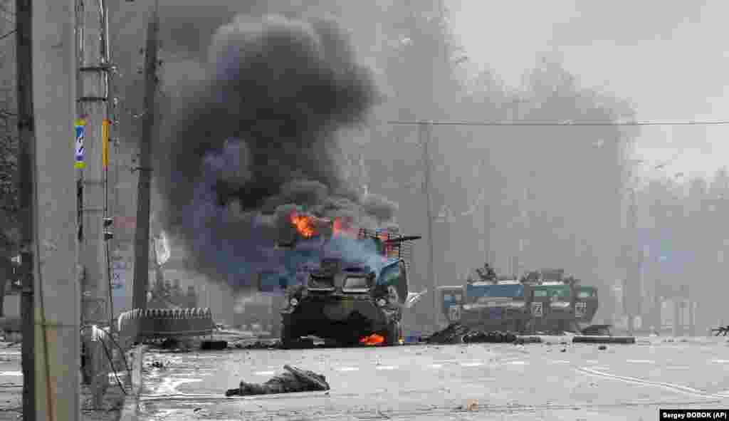 Destroyed and abandoned Russian vehicles on the outskirts of Kyiv on February 27.&nbsp;