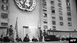 French Foreign Minister Robert Schuman speaks before the UN Assembly ahead of its 1948 passage of the Universal Declaration of Human Rights.