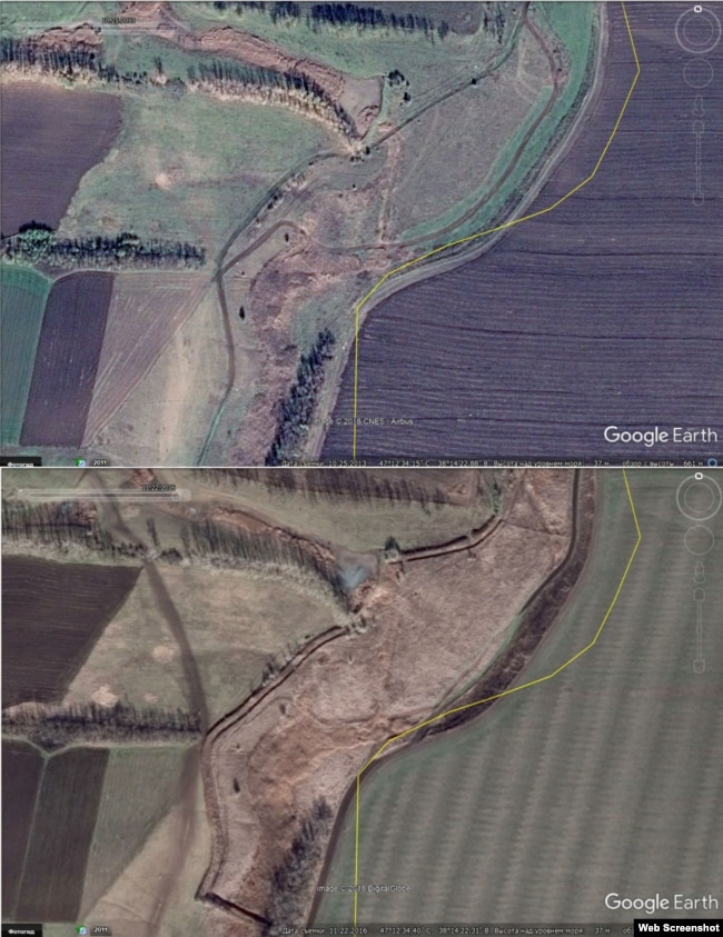 Кордон України та Росії біля села Щербак (Донецька область) у 2013 та 2016 роках