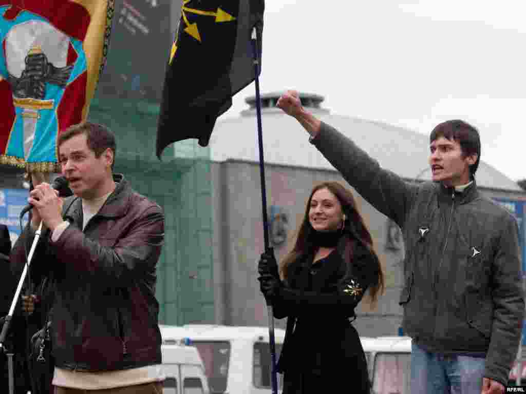 Eurasian Youth Union leaders Pavel Zarifullin, Alyona Kompaniets, and Pavel Kanishchev. The Eurasian Youth Union is tied to the Eurasia Party of Aleksandr Dugin, a nationalist with ties to the Kremlin who advocates the restoration of the Russian Empire. The youth union has staged demonstrations outside the Georgian Embassy in Moscow, and has been banned in Ukraine for launching cyberattacks on government websites and vandalizing Ukrainian national monuments. 