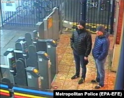 A photo released by the British police showing two men named as Aleksandr Petrov (right) and Ruslan Boshirov who are suspected of being GRU agents involved in the poisoning of Russian ex-spy Sergei Skripal.