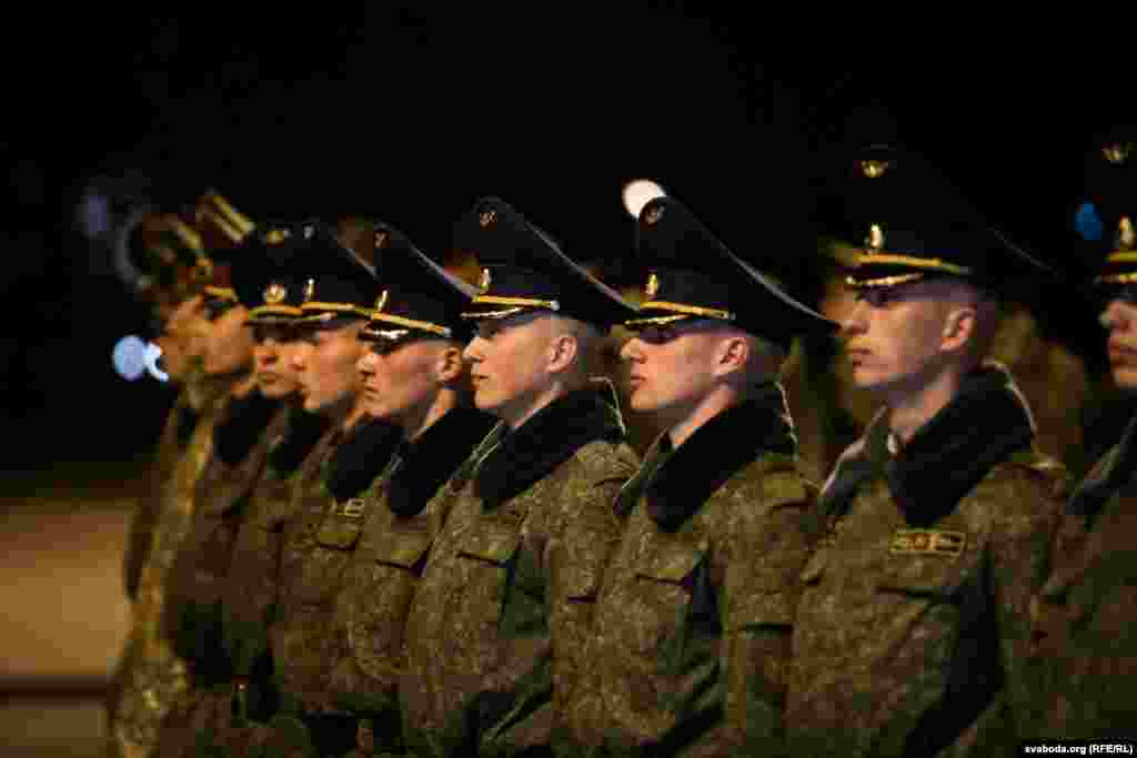 Soldiers stand in a line during the Victory Day parade rehearsal on April 6. The final rehearsals will take place in Minsk on May 5 and May 7.