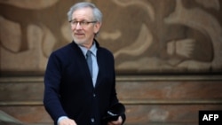 Director Steven Spielberg leaves the office of Indian industrialist Anil Ambani in Mumbai on March 11.