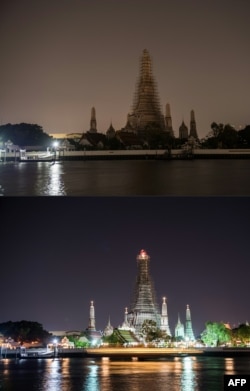 معبد وات آرون در بانکوک پایتخت تایلند پیش و پس از اجرای «ساعت زمین»