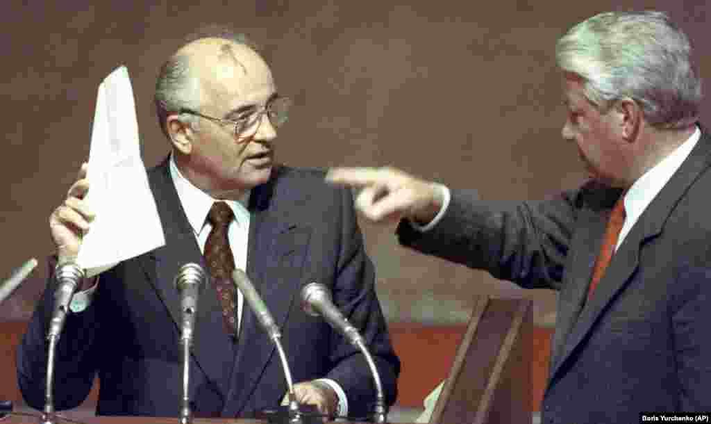 A moment of humiliation: Following the failed coup against him, Gorbachev is forced by Russian President Boris Yeltsin to read out a list of plotters at an extraordinary session of the Russian Supreme Soviet in Moscow on August 23, 1991.