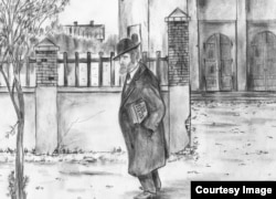 Мужчына ідзе зь Вялікай сынагогі на вуліцы Савецкай, 1940 год. Рысунак Уладзіміра Губенкі