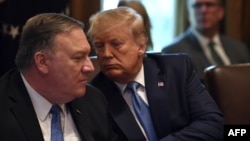 U.S. President Donald Trump (right) looks at Secretary of State Mike Pompeo as he participates in a cabinet meeting at the White House on July 16 in Washington, D.C.