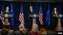 European Council President Donald Tusk (left to right), U.S. President Barack Obama, and European Commission President Jean-Claude Juncker deliver remarks to reporters after their meeting at the NATO summit in Warsaw on July 8.