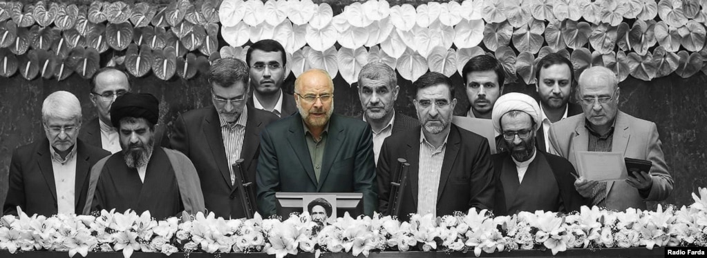 The oath ceremony of the Presidium of Iran's 11th Parliament on Thursday, May 28, 2020. In color: Mohammad Bagher Ghalibaf.