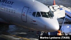 A Sukhoi Superjet 100 passenger plane at Sheremetyevo International Airport.