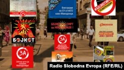 Signs in Macedonia urging people to either vote for the referendum or boycott it altogether