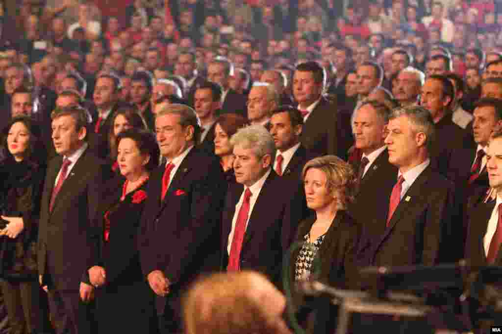 Macedonian Deputy Prime Minister Musa Xhaferi, Macedonian party leader Ali Ahmeti, Albanian Prime Minister Sali Berisha, and Kosovar Prime Minister Hashim Thaci were among the leaders celebrating Albanian independence in Skopje, Macedonia, on November 25.