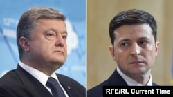 Ukrainanyň häzirki prezidenti Petro Poroşenko we wäşi we täze syýasatçy Wolodymyr Zelenskiý