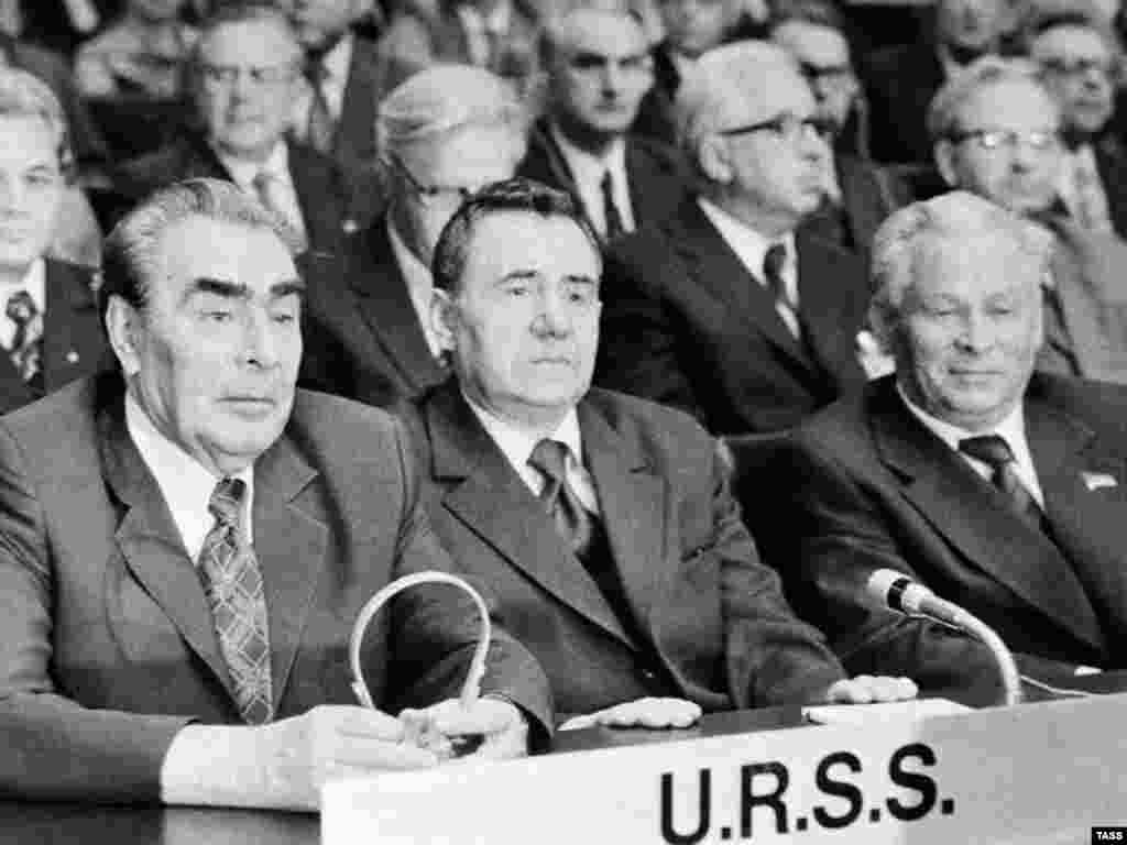Russia – (from left to right) Soviet leader Leonid Brezhnev and Soviet Union delegation member Andrei Gromiko and Konstantin Chernenko at a meeting on security and cooperation in Europe, Helsinki, 30Jul1975 - rob2007