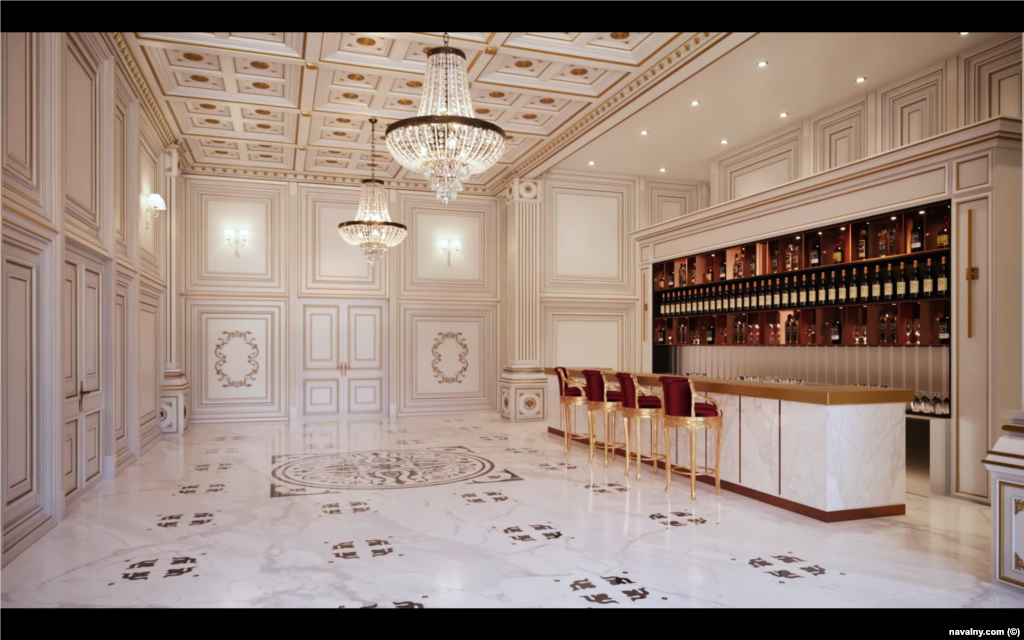 A rendering of a marble-lined bar in the palace. Much of the furniture was reportedly sourced from luxury Italian brands, which are so exclusive that their catalogues must be personally ordered by potential clients.&nbsp;
