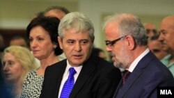 Лидерот на ДУИ, Али Ахмети и претседателот на Собранието Талат Џафери на одбележување 16-годишнина од потпишувањето на Охридскиот рамковен договор. 